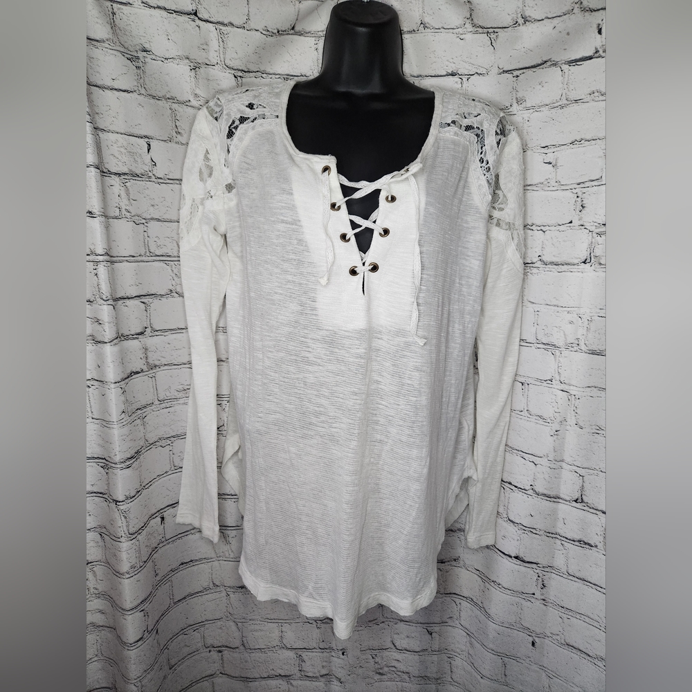 Free People Lace Up Long Sleeve Blouse Oversized XS‎